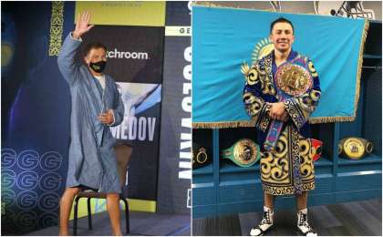 Головкин салмақ өлшеу рәсімі мен сұхбатқа қазақы шапан киіп келді