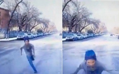 Алматыда ер адам жедел жәрдемнің алдынан жүгіріп шығып, көлікті басымен ұрды (видео)