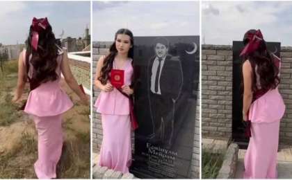 «Хайп үшін»: Аттестатын алып әкесінің басына барған мектеп түлегі көптің сынына қалды