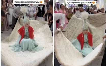 "Алладиндей ұшырайын деді ме": Сәкен Майғазиевтің келіні кілемде отырып ұзатылды (видео)