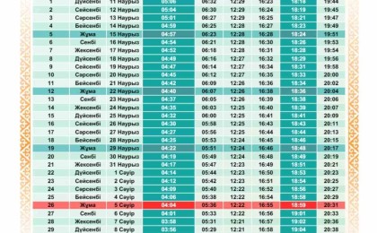 Астана қаласына арналған 2024 жылдың ораза кестесі