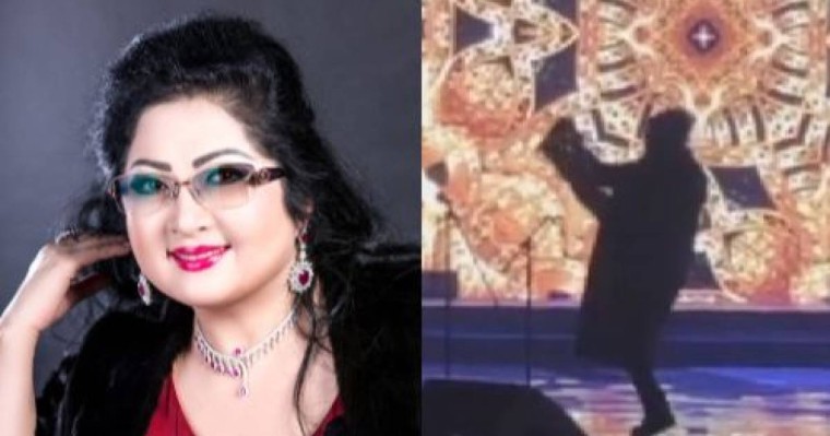 Мақпал Жүнісова сахнада ән салып тұрып, аяғын көкке көтерді