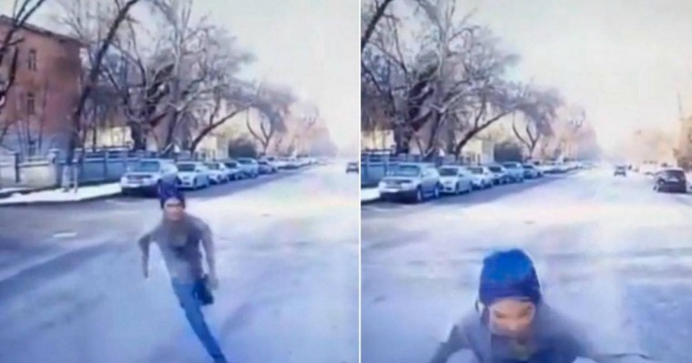 Алматыда ер адам жедел жәрдемнің алдынан жүгіріп шығып, көлікті басымен ұрды (видео)
