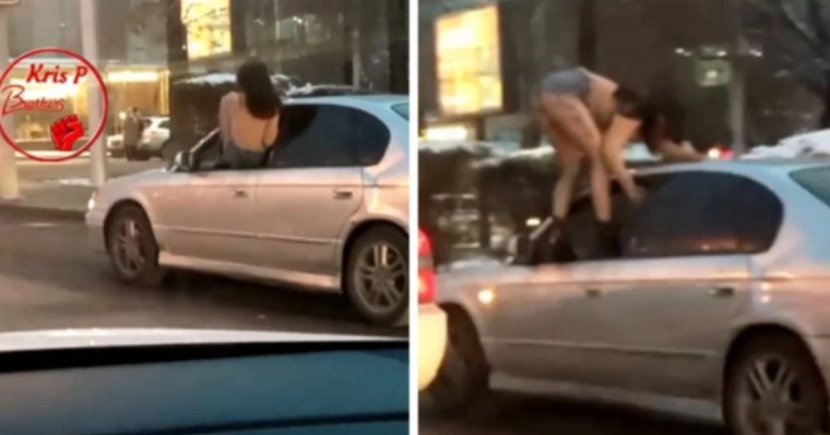 Алматыда жартылай жалаңаш киінген қыз жүріп бара жатқан көліктің төбесіне шықпақ болды (видео)