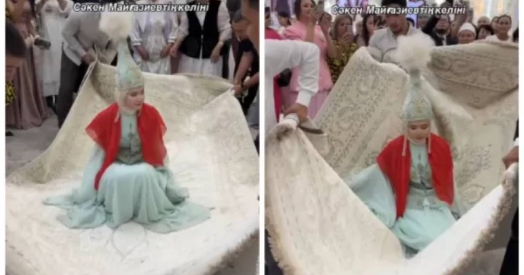 "Алладиндей ұшырайын деді ме": Сәкен Майғазиевтің келіні кілемде отырып ұзатылды (видео)