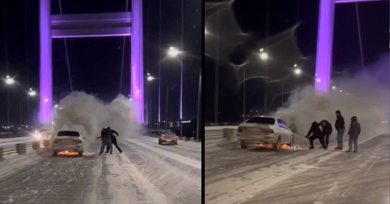 Семейдегі аспалы көпірде көлік өртеніп кетті