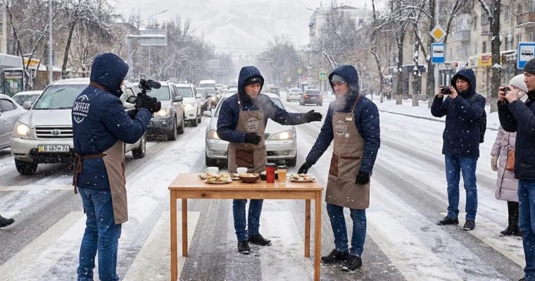 Алматыда жолдың қақ ортасына үстел жайып, жарнама түсіргендер соттан бір-ақ шықты