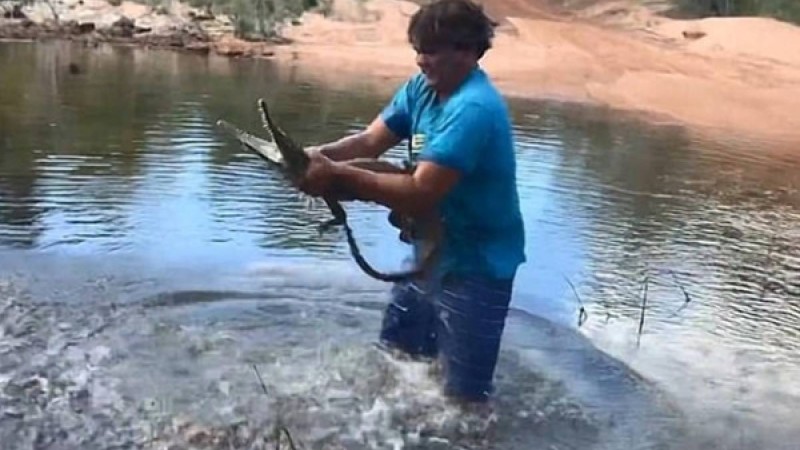 Ер адам қолтырауынды жалаңаш қолымен ұстап алған