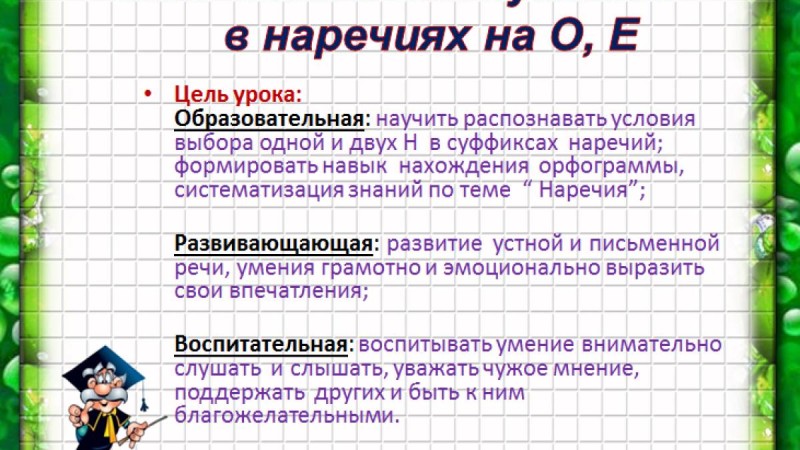 Презентация (слайд): Тема: Одна и две буквы Н в наречиях на О Е