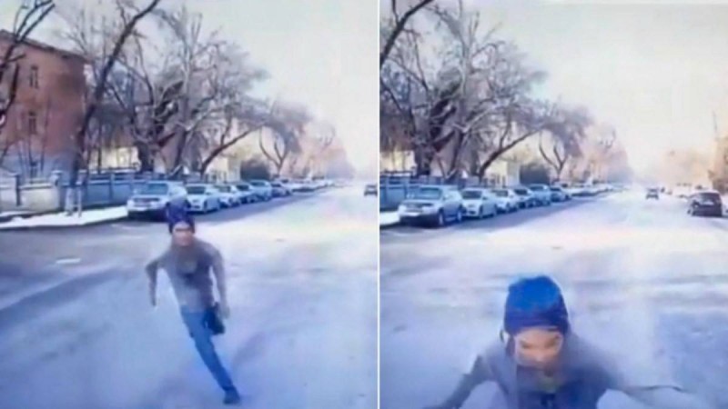 Алматыда ер адам жедел жәрдемнің алдынан жүгіріп шығып, көлікті басымен ұрды (видео)