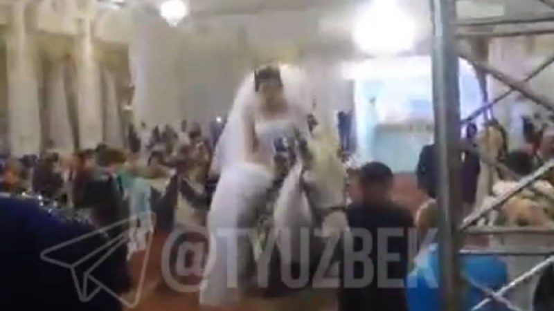 Тойына атпен кіріп келген жас жұбайлар қонақтарды таңқалдырды (видео)