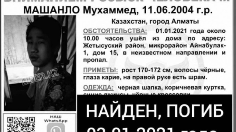 Жаңа жылда жоғалған 16 жасар баланың мәйіті табылды