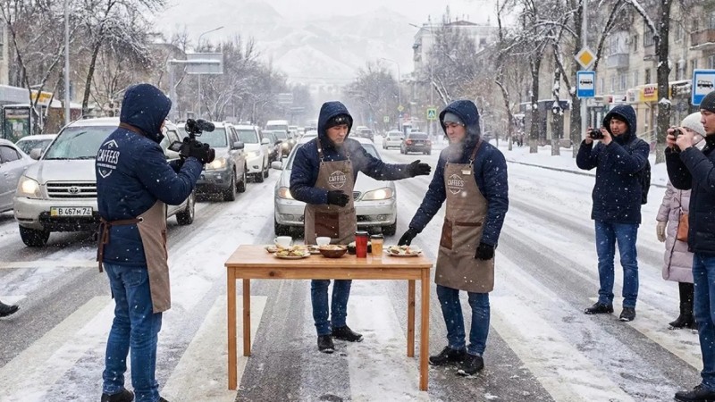 Алматыда жолдың қақ ортасына үстел жайып, жарнама түсіргендер соттан бір-ақ шықты